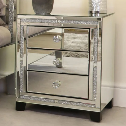 Diamond Glitz 3 Drawer Silver Mirrored Glass Bedside Table Cabinet